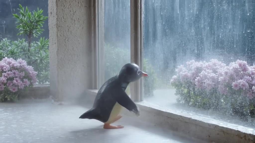 A penguin waddling confidently while using its flipper to wipe condensation off a large g…