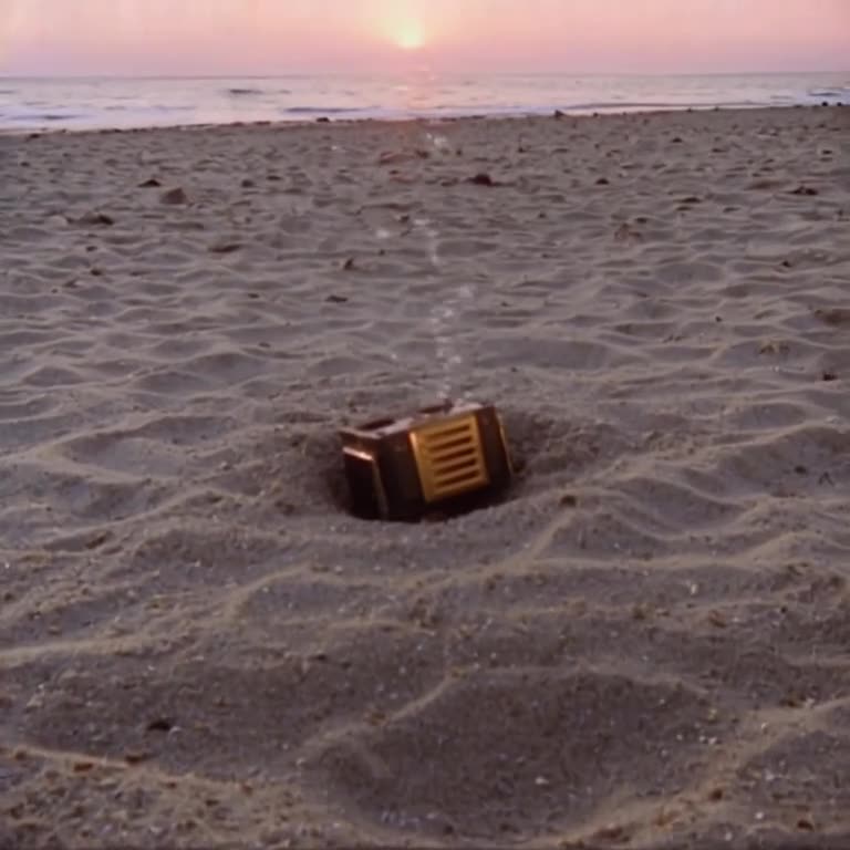 Close-up of a vintage video game cartridge being plugged into a sandy hole on the beach. …