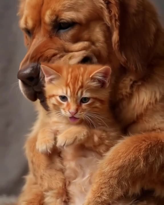 A large, gentle Great Dane carefully cradles a three-legged orange kitten in its front pa…