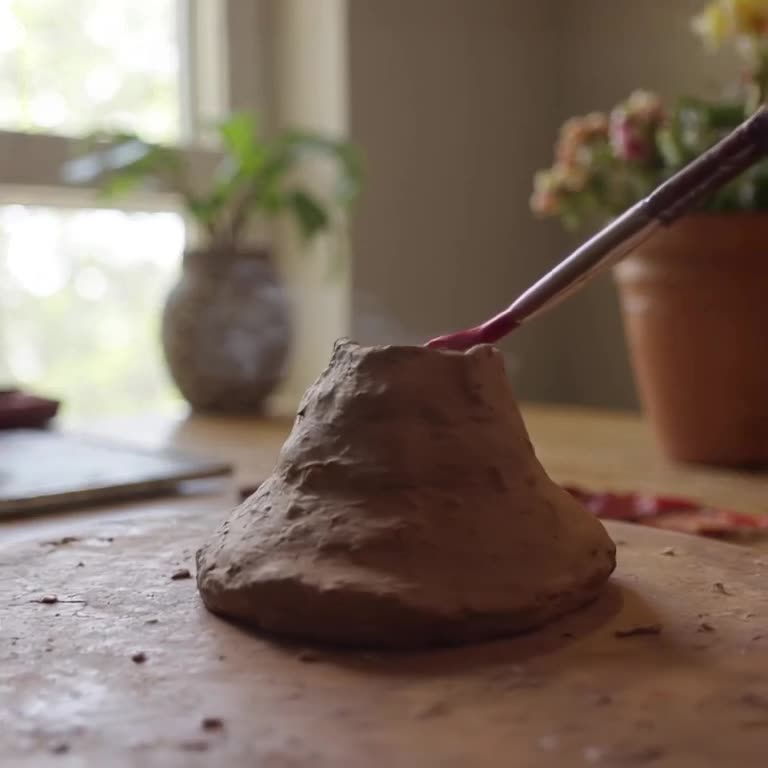 A miniature volcano model made of clay sits on a desk. A paintbrush dips into red paint a…