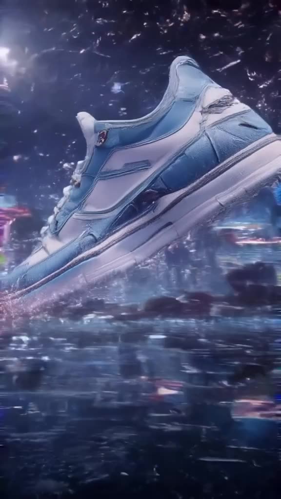 A sneaker floats in mid-air, slowly rotating as if in zero gravity. It leaves a trail of …