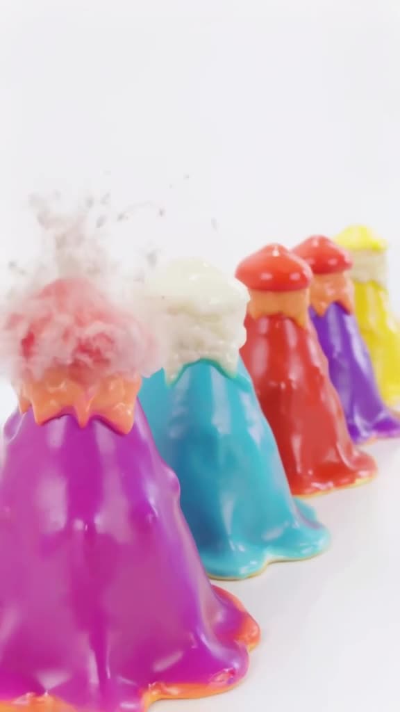 A row of candy volcanoes lines up. The first one is hit by a gentle breeze, causing ash t…
