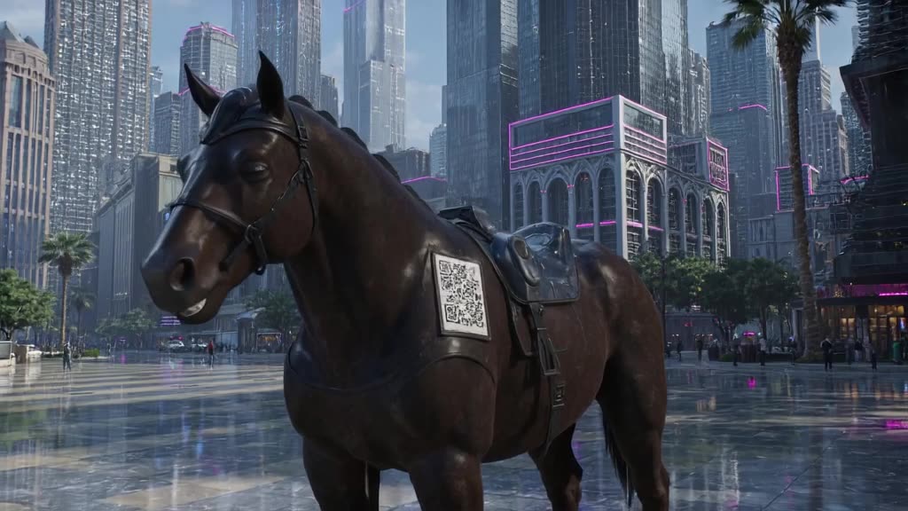 A Trojan horse parked in a Greek plaza has an Airbnb QR code on its side. A tourist scans…