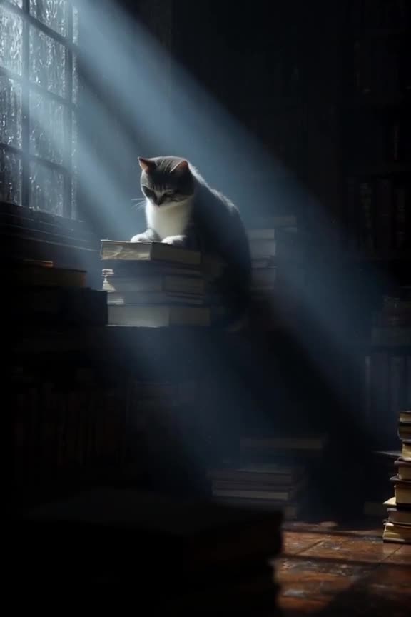 Cinematic shot in a dark, moody library. A cat sits on a stack of books. Dust motes dance…