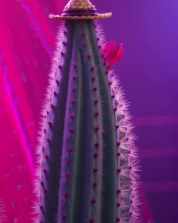 Close-up of a cactus wearing a tiny, elegant sombrero. The cactus slowly unfurls a bright…