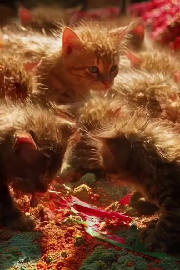 A group of kittens plays with a long, colorful ribbon that trails into a pile of mixed gu…