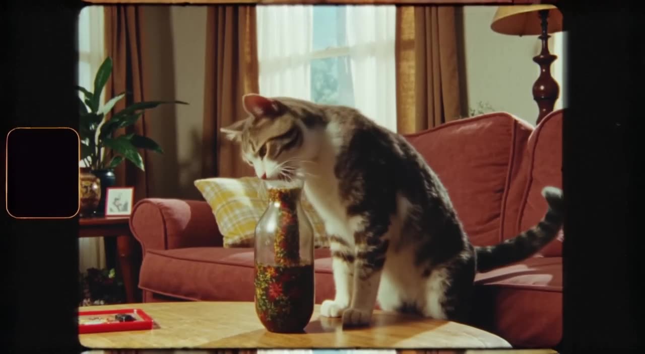 A vintage VHS-filtered video shows a cat trying to drink from a tall vase, getting its he…