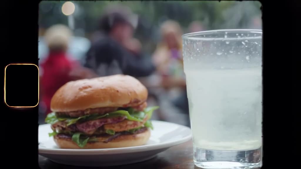 Rain taps softly against a café window. Inside, a burger sits on a white plate, steaming …