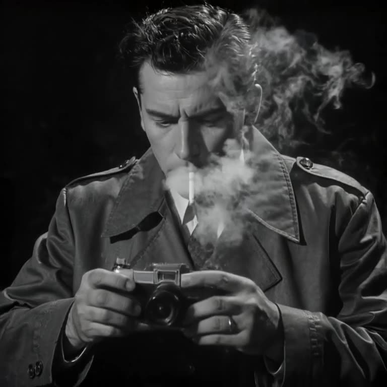 A noir detective in a trench coat smokes a cigarette, but the smoke forms a QR code. He s…