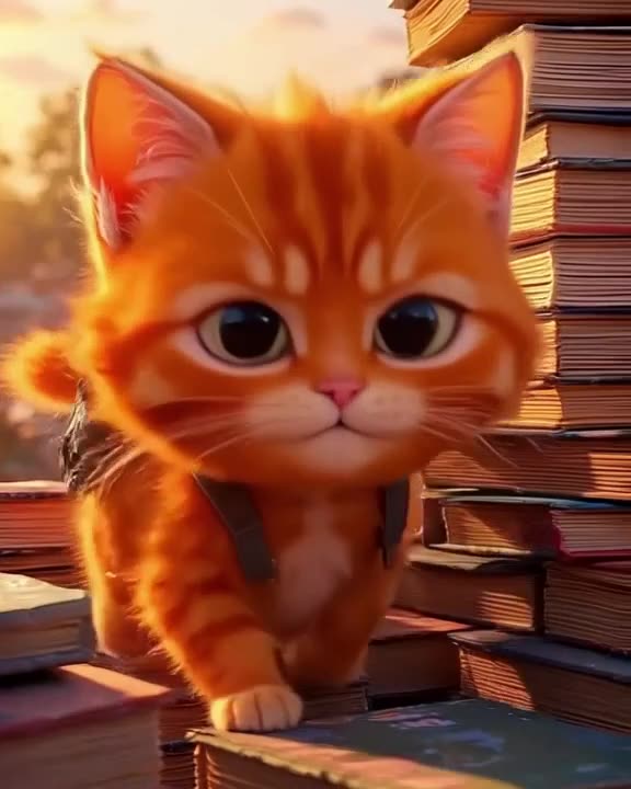 A fluffy orange kitten wearing a tiny backpack stares deadpan at a massive pile of textbo…