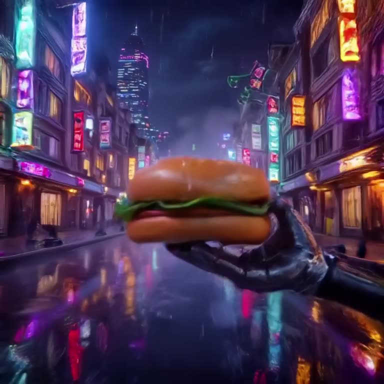 A burger slides across a wet, neon-lit Tokyo street at night. Rain reflects the purple an…