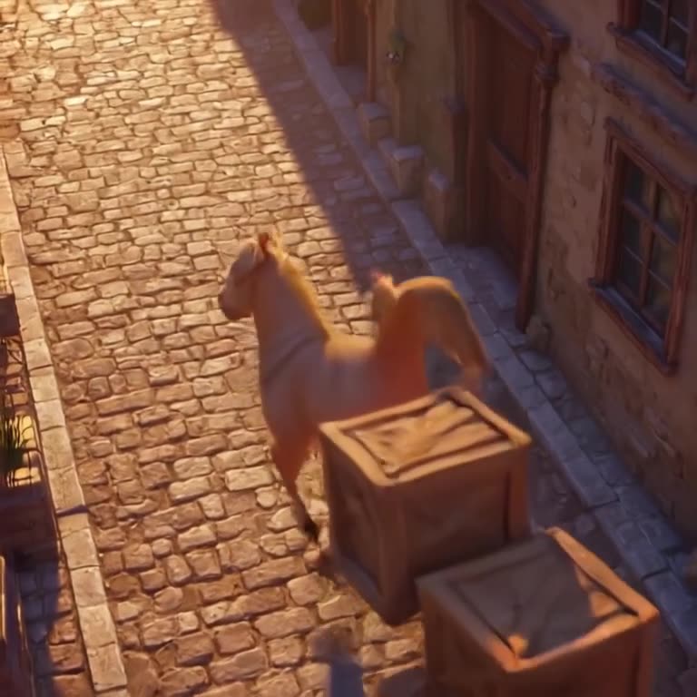 A horse made of stacked wooden crates tumbles down a steep cobblestone street, pieces bou…
