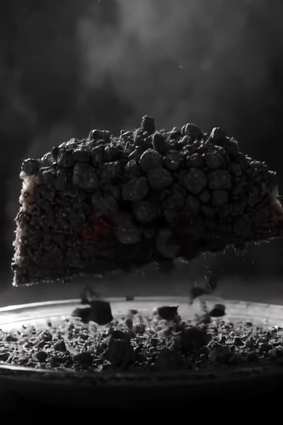 A slice of cake is lifted from a plate, but instead of crumbs, tiny volcanic rocks tumble…