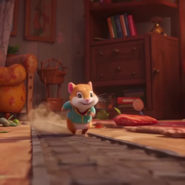 A hamster in a miniature tracksuit sprints down a tiny rubber track inside a cozy living …