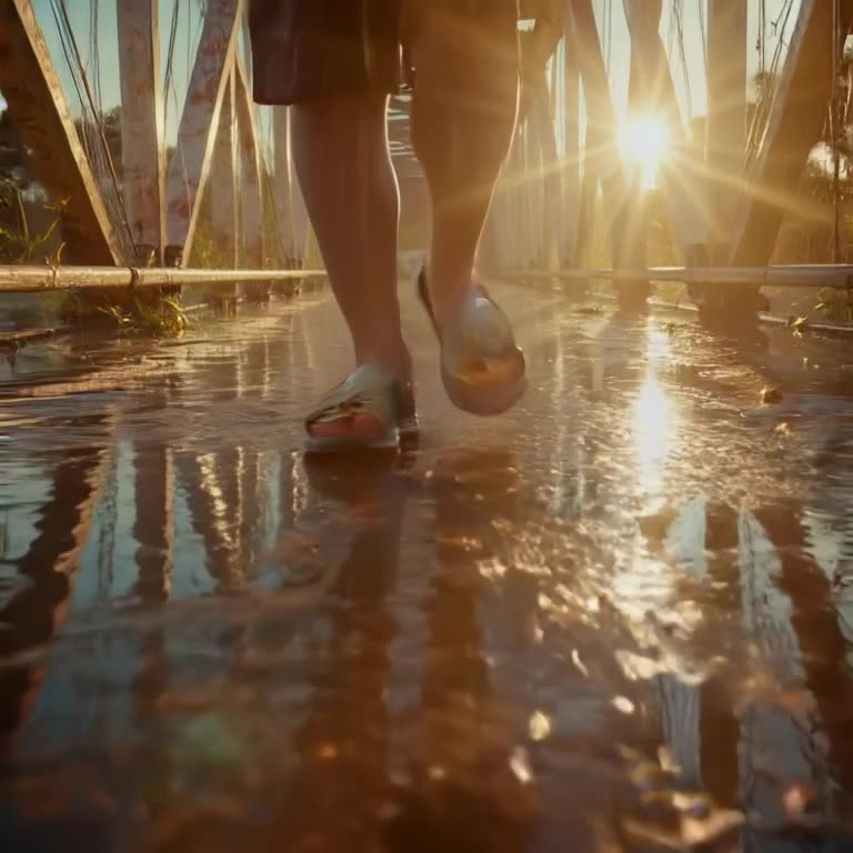 A pair of slippers walks briskly down a neon-lit bridge, dodging puddles with high-steppi…