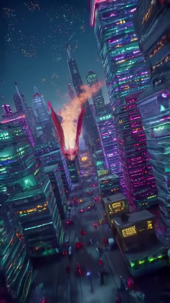An anime-style Pterodactyl skims over a neon-lit cyberpunk city, but instead of wind, col…
