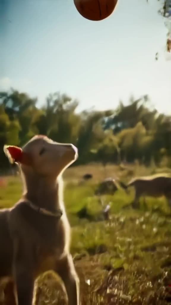 A baby goat headbutts a basketball toward a hoop in a sunny pasture. The ball bounces off…
