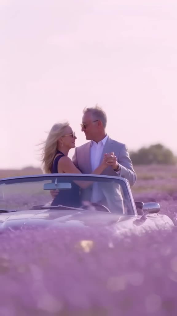 A senior couple in matching vintage sunglasses slow-dances on the hood of a convertible d…