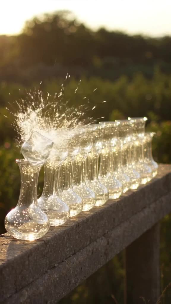 A row of tiny, delicate glass vases stands in a line. The first one tips over and hits th…