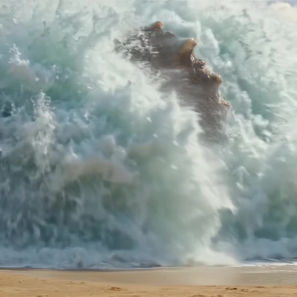 A majestic Triceratops made of swirling ocean waves crashes onto a sandy beach. The water…