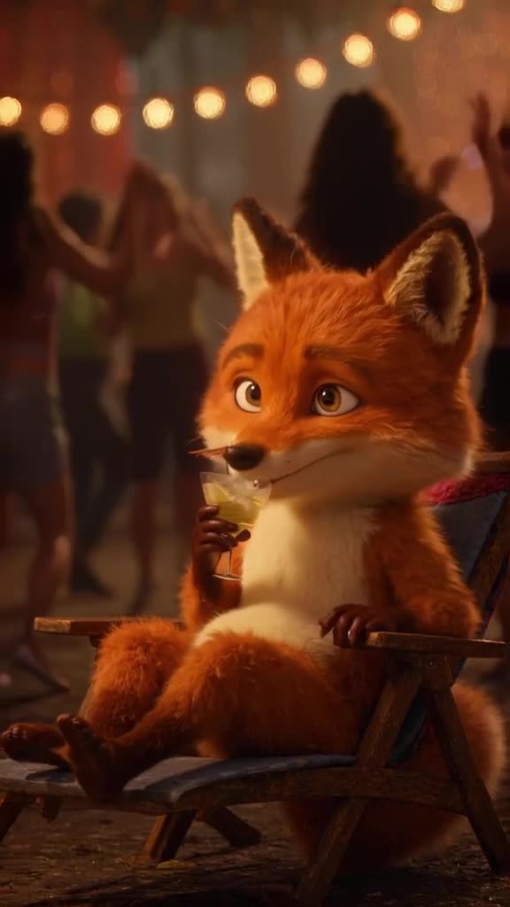A fox in a lounge chair sips a cocktail with a tiny umbrella, judging the performance. Th…