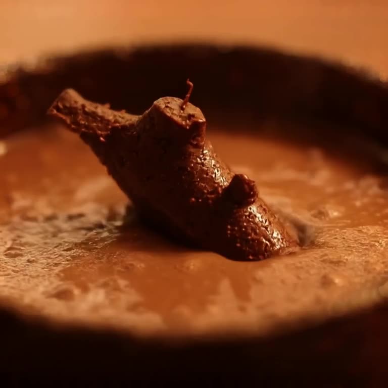 A miniature submarine dives into a cup of hot chocolate. Bubbles rise like lava. Warm amb…