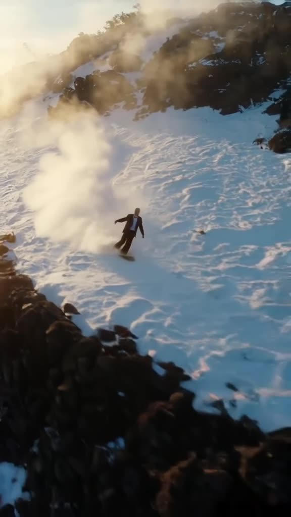 An old man in a tuxedo snowboarding down a volcanic slope in Hawaii. Steam rises around h…