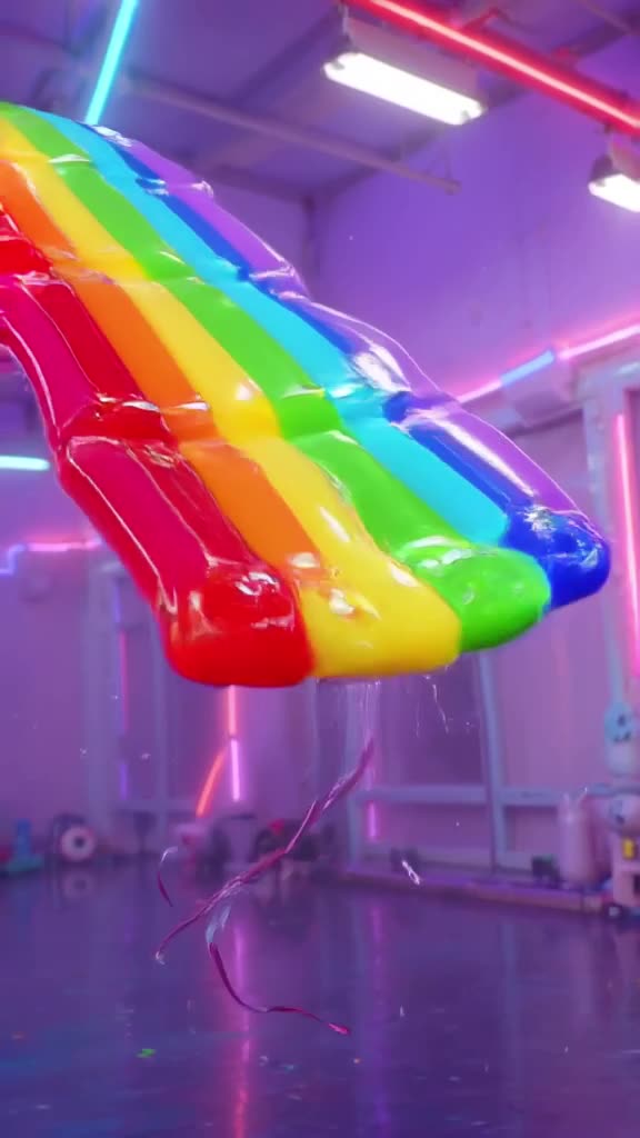 A row of rainbow-colored slime blobs is stretched and snapped in perfect time with a K-po…