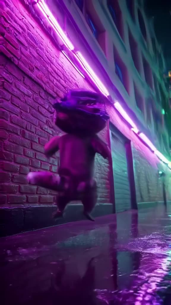 A raccoon in a detective hat breakdances on a neon-lit alleyway wall at night. Synthesize…