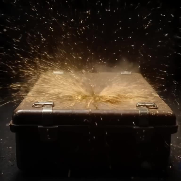 A briefcase snaps shut, and golden dust explodes outward in slow motion. Dark, moody ligh…