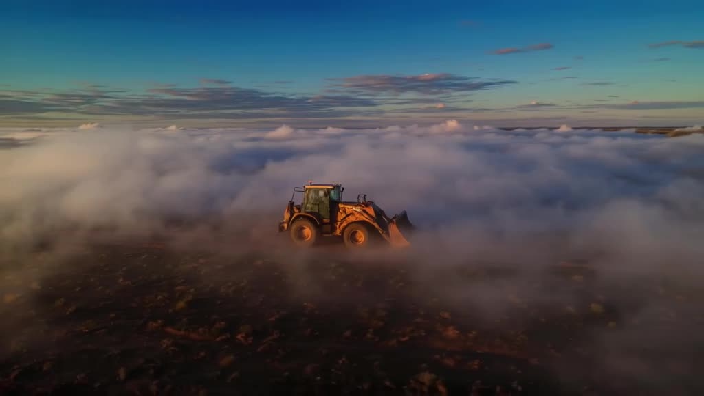 A backhoe loader scoops up fluffy clouds from the ground, which dissolve into mist upon c…