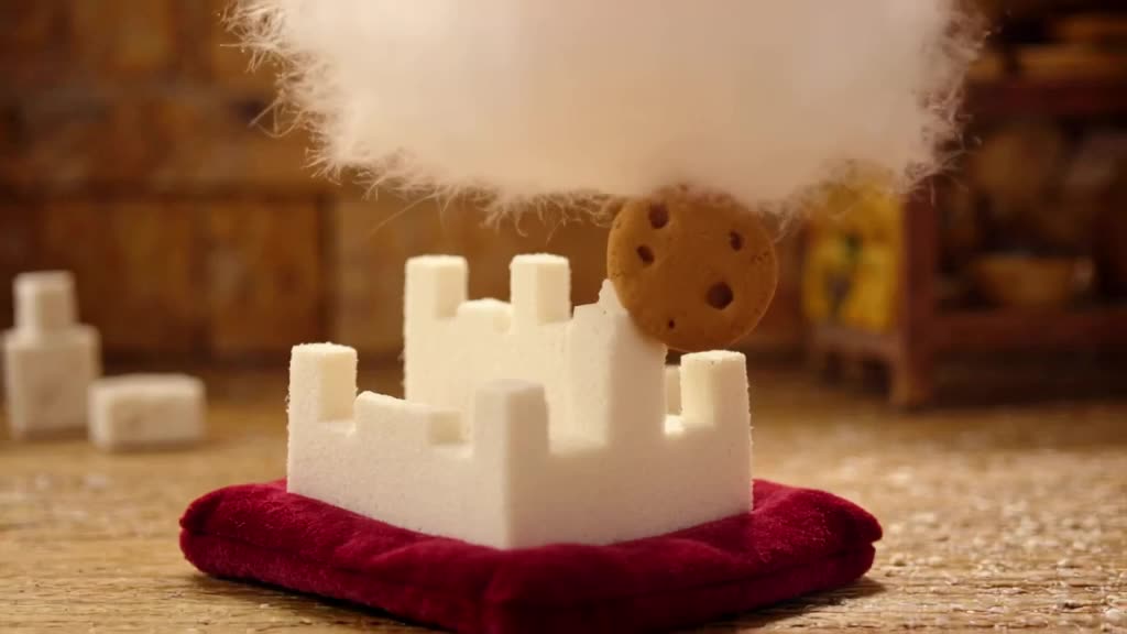 A pristine white castle made of sugar cubes sits on a velvet cushion. A giant, soft cotto…