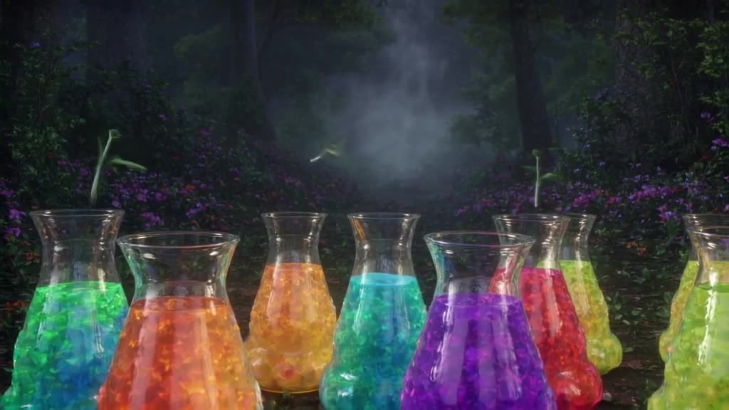A row of beakers filled with rainbow liquids. A single seed drops into the first, causing…