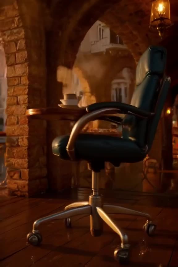 An office swivel chair glides across a gondola in Venice. The chair spins slowly as it cr…