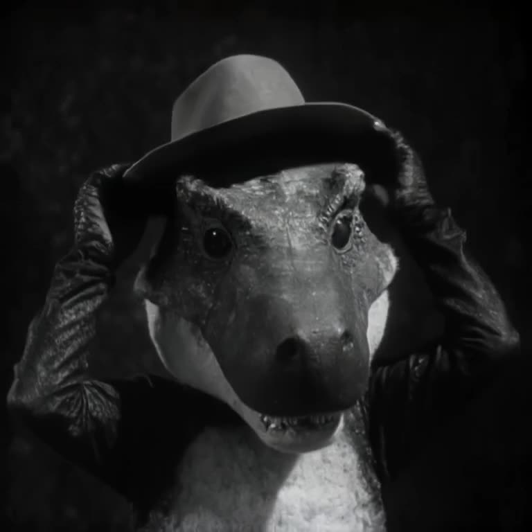 A black-and-white noir detective dinosaur puts on a fedora hat. The hat transforms into a…