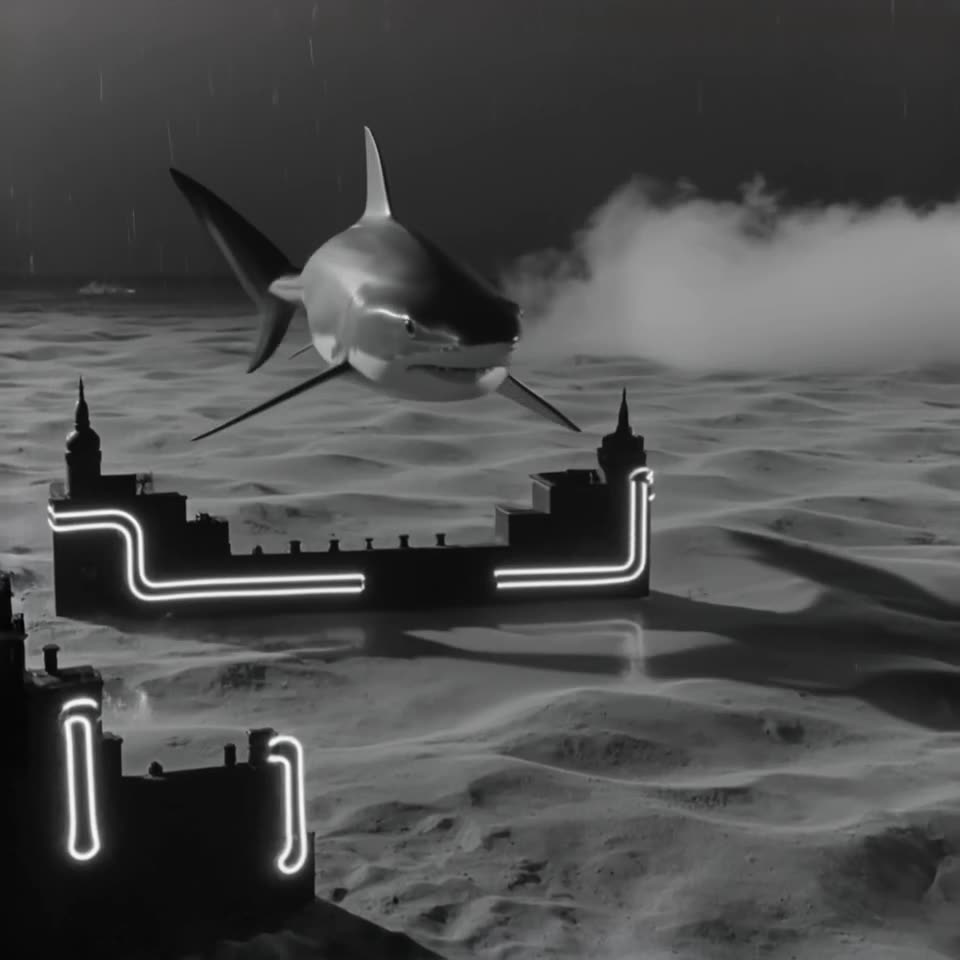 A underwater noir scene where a trench coat-wearing shark patrols a dimly lit, rain-slick…