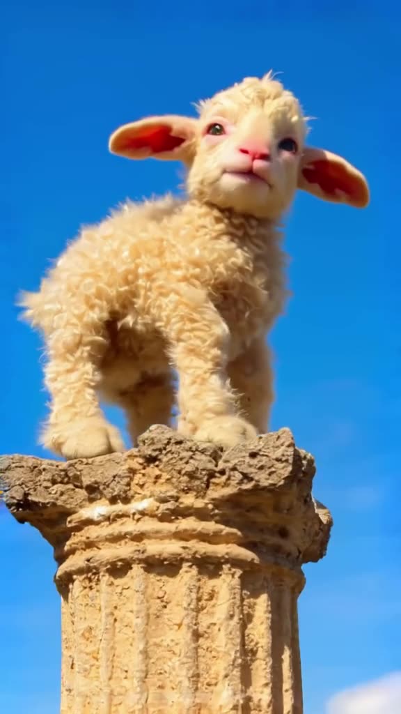 A tiny baby lamb stands atop a crumbling Roman column against a vivid blue sky, looking d…