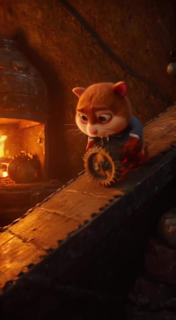 Hamster in a tiny suit pushes a wheel made of gears up a steep incline in a steampunk wor…