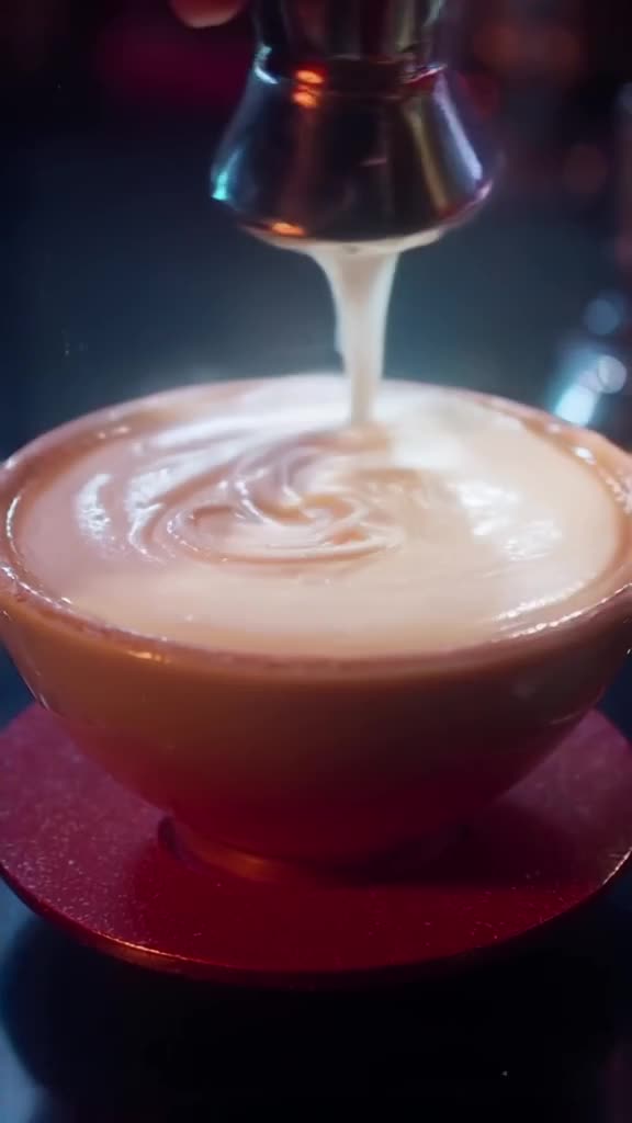 A barista pours latte art that never stops. The milk foam forms an ever-growing, intricat…