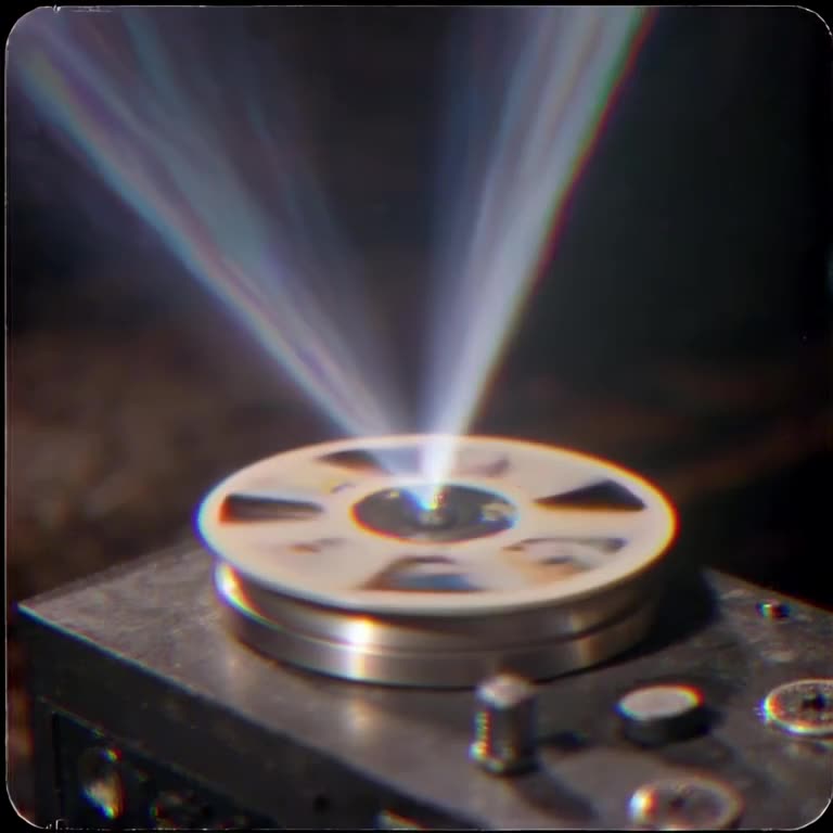 A VHS tape spins in an old player, projecting beams of light that form a dollar sign in t…