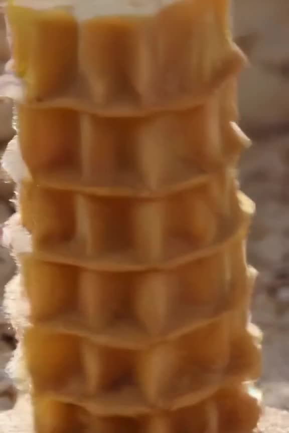 A wafer cookie tower sways dangerously. A single droplet of honey lands on top, causing t…