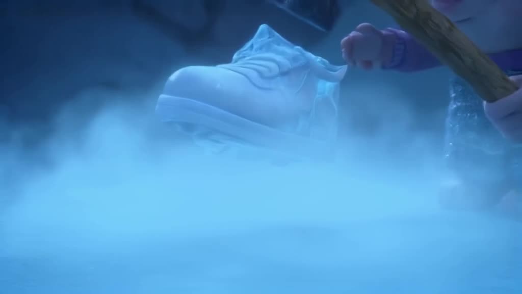 A sneaker made of ice cubes clinks as it is assembled. A hammer taps it, creating a melod…