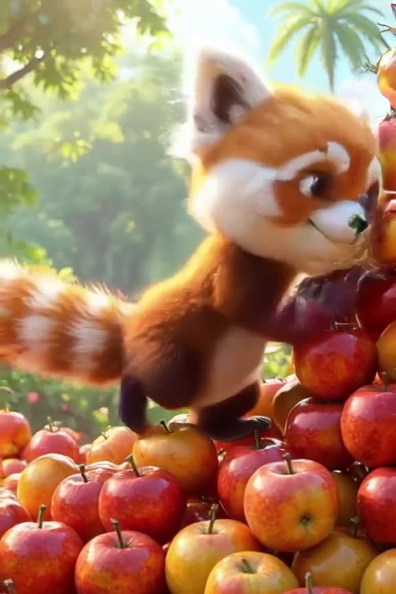 A red panda stands on its hind legs, wearing boxing gloves, and knocks over a tower of fr…