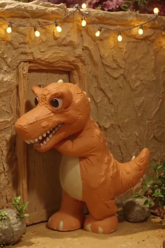 A bear in a inflatable dinosaur costume tries to fit through a small door marked 'VIP' bu…