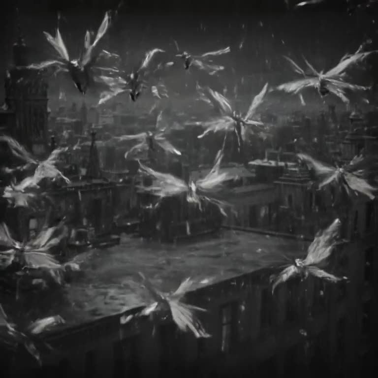 A flock of origami cranes made of metallic gold foil flies in perfect formation over a da…