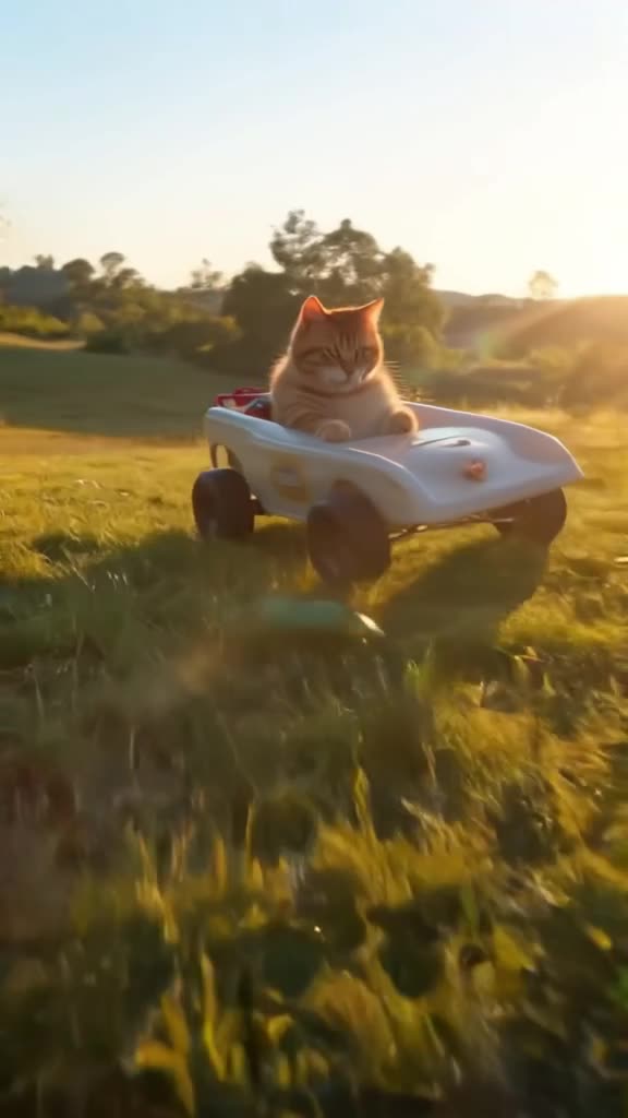 An orange tabby cat drives a soapbox derby car down a grassy hill. A cucumber rolls in fr…