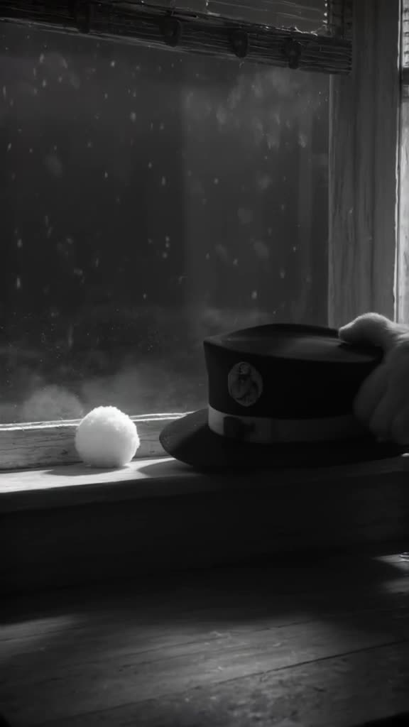 Noir black and white: a detective hat sits on a desk. Snow falls silently outside the win…