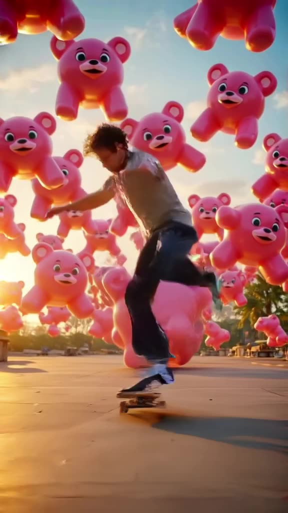 A skateboarder glides under a sky dumping giant gummy bears. He performs a perfect kickfl…