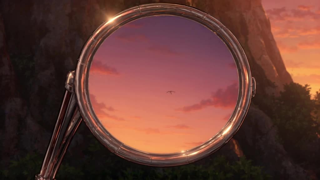 A classic car’s side mirror reflects a tiny dragon flying across a sunset sky. The mirror…