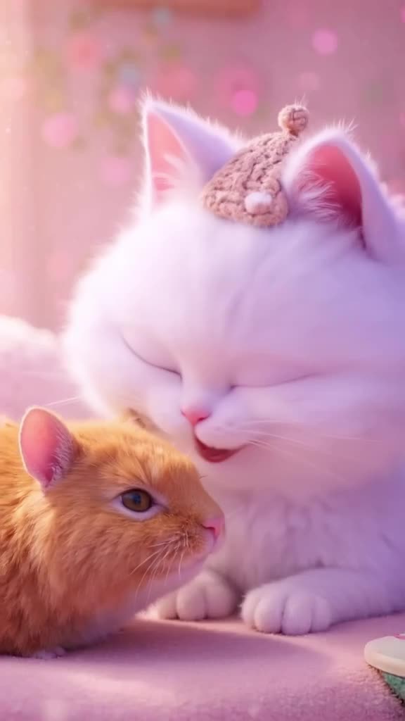 A fluffy Persian cat wearing a tiny knitted hat resting its chin on a guinea pig’s head. …